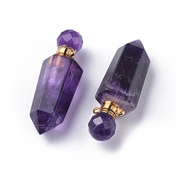 Amethyst Faceted Natural Amethyst Openable Perfume Bottle Pointed Pendants, with Golden Plated 304 Stainless Steel Findings, Bullet, 44~46x15x13~13.5mm, Hole: 1.8mm, Bottle Capacity: 1ml(0.034 fl. oz)