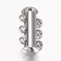 Stainless Steel Color 304 Stainless Steel Slide Lock Clasps, Peyote Clasps, 3-Strand, 6-Hole, Tube, Stainless Steel Color, 20x10x6.5mm, Hole: 1.8mm