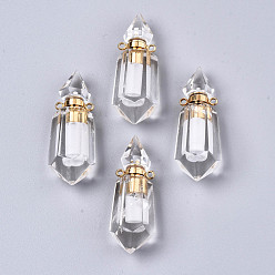 Quartz Crystal Faceted Natural Quartz Crystal Pendants, Openable Perfume Bottle, with Golden Tone Brass Findings, Hexagon, 40~41.5x15x13.5mm, Hole: 1.8mm, Bottle Capacity: 1ml(0.034 fl. oz)