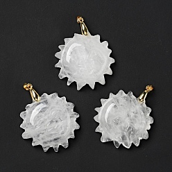 Quartz Crystal Natural Quartz Crystal Pendants, with Golden Tone Brass Findings, Lead Free & Cadmium Free, Sun with Smiling Face, 42x34~35x10.5mm, Hole: 3.8x5mm