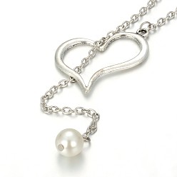 Creamy White Alloy Silver Color Plated Heart Lariat Necklaces, with Glass Pearl Beads, Iron Cable Chains and Zinc Alloy Lobster Claw Clasps, Creamy White, 20.2 inch