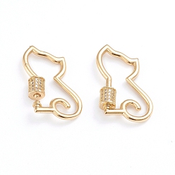 Real 18K Gold Plated Brass Micro Pave Clear Cubic Zirconia Screw Carabiner Lock Charms, for Necklaces Making, Cat Shape, Real 18K Gold Plated, 28x19x2mm, Screw: 6x5.5mm