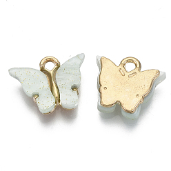 Honeydew Alloy Pendants, with Resin and Glitter Powder, Cadmium Free & Lead Free, Butterfly, Golden, Honeydew, 13x13~15x3.5mm, Hole: 2mm
