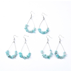 Amazonite Dangle Earrings, with Gemstone Chips, Platinum Plated Brass Earring Hooks and teardrop, Pendants, 71~75mm, Pendant: 53.5~59mm, Pin: 0.5mm