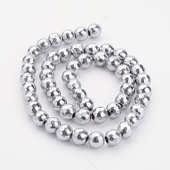 Silver Plated Non-Magnetic Synthetic Hematite Beads Strands, Grade AA, Faceted, Round, Silver Plated, Size: 8mm in diameter, hole: 1mm, about 50pcs/strand, 15.7 inch