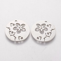 Stainless Steel Color 201 Stainless Steel Pendants, Flat Round with Flower, Stainless Steel Color, 20x1.1mm, Hole: 1.5mm
