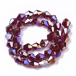Dark Red Electroplate Glass Beads Strands, AB Color Plated, Faceted, Bicone, Dark Red, 7.5~8x7.5~8mm, Hole: 1.5mm, about 40pcs/strand, 11.81 inch