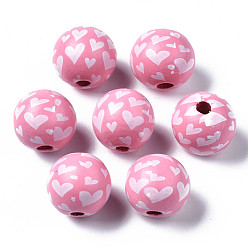 Hot Pink Painted Natural Wood European Beads, Large Hole Beads, Printed, Round with Heart, Hot Pink, 16x15mm, Hole: 4mm