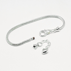 Silver Brass European Style Bracelet Making, with Iron Extender Chain, Silver, 7-5/8 inch(195mm)x2.5mm