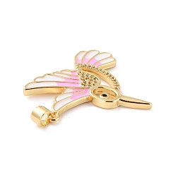 Pink Brass Micro Pave Clear Cubic Zirconia Pendants, with Enamel, Long-Lasting Plated, Real 18K Gold Plated, Bird, Pink, 33.5x31x2mm, Hole: 3x4mm