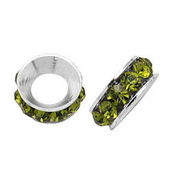 Olivine Brass Rhinestone Spacer Beads, Grade A, Rondelle, Silver Color Plated, Olivine, 10x4.2mm, Hole: 5.2~5.7mm
