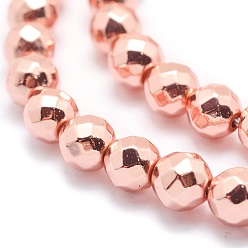 Rose Gold Plated Electroplate Non-magnetic Synthetic Hematite Beads Strands, Grade AAA, Long-Lasting Plated, Faceted, Round, Rose Gold Plated, 2mm, Hole: 1mm, about 185pcs/strand, 15.7 inch(40cm)
