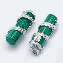 Malachite Synthetic Malachite Pendants, with Brass Findings, Column with Dragon, Platinum, 40.5~41.5x14x15mm, Hole: 3.5x5mm