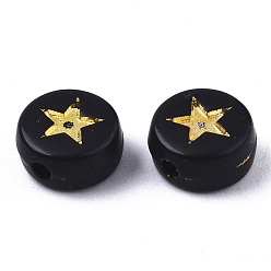Golden Plated Opaque Acrylic Beads, Flat Round with Star, Black, Golden Plated, 7x4mm, Hole: 1.5mm, about 720pcs/100g