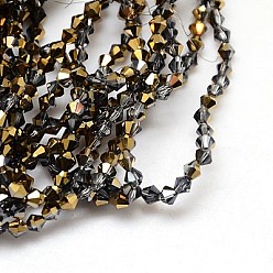 Gold Electroplate Glass Beads Strands, Half Golden Plated, Faceted, Bicone, Gold, 3x3mm, Hole: 1mm, about 128~135pcs/strand, 13.8 inch