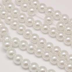 White Eco-Friendly  Dyed Glass Pearl Round Beads Strands, Grade A, Cotton Cord Threaded, White, 8mm, Hole: 0.7~1.1mm, about 52pcs/strand, 15 inch