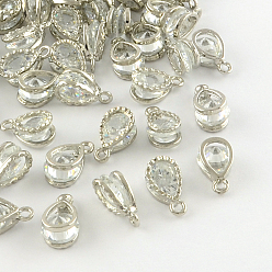 Platinum Teardrop Alloy Charms, with Cubic Zirconia, Platinum, 13x8x6mm, Hole: 1mm