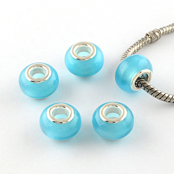 Light Sky Blue Imitation Cat Eye Resin European Beads, Large Hole Rondelle Beads, with Silver Color Plated Brass Cores, Light Sky Blue, 13~14x9mm, Hole: 4.5~5mm