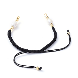 Black Braided Nylon Cord for DIY Bracelet Making, with Natural Freshwater Pearl & Brass Findings, Golden, Black, 6-7/8 inch(17.5cm), 4mm