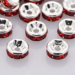 Light Siam Rondelle Silver Color Plated Brass Grade A Rhinestone Spacer Beads, Straight Flange, Light Siam, 6x3mm, Hole: 1mm