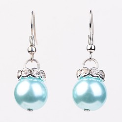 Mixed Color Glass Pearl Beads Dangle Earrings, with Brass Rhinestone Spacer Beads and Brass Earring Hooks, Silver Color Plated, Mixed Color, 35mm