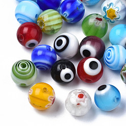 Couleur Mélangete Perles au chalumeau millefiori faites à la main et perles au chalumeau mauvais œil, ronde, couleur mixte, 7.5~8x7.5~8mm, Trou: 1.2~1.4mm, environ 100 pcs / sachet 