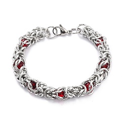 FireBrick 304 Stainless Steel Byzantine Chain Bracelet for Girl Women, Round Glass Beads Bracelet, FireBrick, 8-1/4~8-5/8 inch(21~22cm)