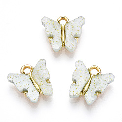 Honeydew Alloy Pendants, with Resin and Glitter Powder, Cadmium Free & Lead Free, Butterfly, Golden, Honeydew, 13x13~15x3.5mm, Hole: 2mm