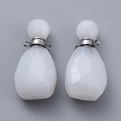 White Jade Faceted Natural White Jade Openable Perfume Bottle Pendants, with Stainless Steel Color Tone 304 Stainless Steel Findings, 36.5~37x18~18.5x13.5mm, Hole: 1.8mm, Bottle Capacity: 1ml(0.034 fl. oz)