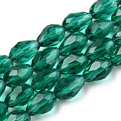 Teal Glass Beads Strands, Faceted, Drop, Teal, 11x8mm, Hole: 1mm, about 57~59pcs/strand, 26.38~26.77 inch