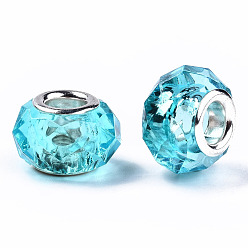 Cyan Résine transparente perles européennes, cristal d'imitation, Perles avec un grand trou   , laiton avec ton argent noyaux doubles, facette, rondelle, cyan, 14x9.5mm, Trou: 5mm