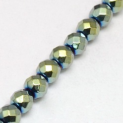 Green Plated Electroplate Non-magnetic Synthetic Hematite Beads Strands, Faceted, Round, Grade A, Green Plated, 4mm, Hole: 1mm, about 100pcs/strand, 16 inch