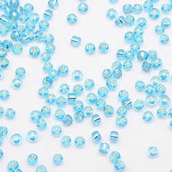 Deep Sky Blue 8/0 Transparent Glass Round Seed Beads, Grade A, Silver Lined, Deep Sky Blue, 2.8~3.2mm, Hole: 1.0mm, about 15000pcs/pound