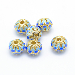 Deep Sky Blue Electroplate Brass Enamel Beads, Cadmium Free & Lead Free, Rondelle, Golden, Deep Sky Blue, 11x8.5mm, Hole: 3mm