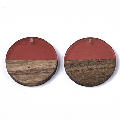 Indian Red Transparent Resin & Walnut Wood Pendants, Flat Round, Indian Red, 28.5x3.5~4mm, Hole: 1.5mm