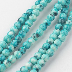 Turquoise Foncé Blanc brins de perles de jade naturels, ronde, teint, turquoise foncé, 4mm, Trou: 1mm, Environ 104 pcs/chapelet, 15.7 pouces (400 mm)