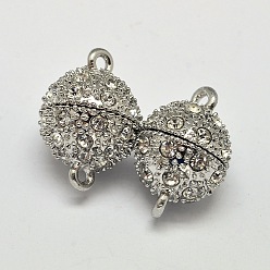 Platinum Oval Brass Rhinestone Magnetic Clasps with Loops, Platinum, 14x8.5mm, Hole: 1.2mm