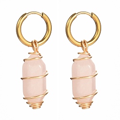 Rose Quartz Copper Wire Wrapped Natural Rose Quartz Dangle Earrings for Women, 304 Stainless Steel Huggie Hoop Earrings, 39mm, Pin: 1mm
