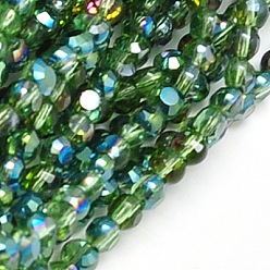 Green Electroplate Glass Beads Strands, Half Plated, Faceted, Flat Round, Green, 4x3mm, Hole: 1mm, about 95pcs/strand, 14 inch