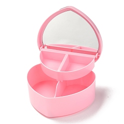 Pink Boîtes à bijoux en plastique coeur, double couche avec couvercle et miroir, rose, 12.2x13.3x5.55 cm, 4 compartiments / boîte