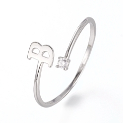 Letter B Rhodium Plated 925 Sterling Silver Cuff Rings, Open Rings, with Cubic Zirconia, Platinum, Clear, Letter.B, letter B: about 5x4.5x0.8mm, Size 7, 17mm