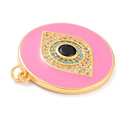 Pink Real 18K Gold Plated Brass Micro Pave Cubic Zirconia Pendants, with Jump Ring and Enamel, Long-Lasting Plated, Flat Round with 
Evil Eye, Pink, 33x30x4mm, Jump Ring: 5x1mm, 3mm Inner Diameter