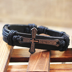 Black Adjustable Cross with Word Iron Braided Leather Cord Bracelets, Black, 60mm
