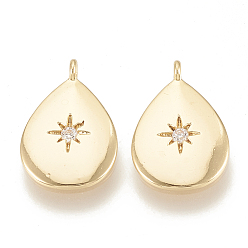 Real 18K Gold Plated Brass Cubic Zirconia Charms, Teardrop with Star, Nickel Free, Real 18K Gold Plated, 14x9.5x1.5mm, Hole: 0.5mm