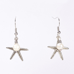 Antique Silver Dangle Retro Alloy Starfish/Sea Stars Pendants Earrings for Women, with Freshwater Pearl Beads and Brass Earring Hooks, Antique Silver, 20mm