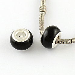 Black Large Hole Rondelle Resin European Beads, with Silver Color Plated Brass Double Core, Black, 14x9mm, Hole: 5mm