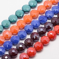 Mixed Color Electroplate Glass Beads Strands, Pearl Luster Plated, Faceted Flat Round, Mixed Color, 14x10mm, Hole: 1mm, about 22pcs/strand, 11.8 inch
