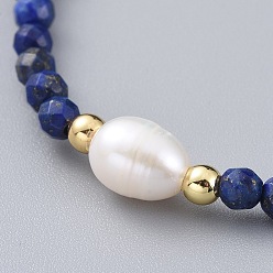 Lapis Lazuli Natural Lapis Lazuli(Dyed) Beads Stretch Bracelets, with Brass Beads and Natural Pearl Beads, 2-1/2 inch(6.4cm)