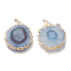 Steel Blue Dyed Natural Druzy Solar Quartz Crystal Pendants, Edge Plated, with Brass Bails, Sunflower, Golden, Steel Blue, 40~50x30~45x5~6mm, Hole: 4x6mm