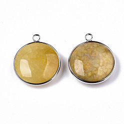 Light Khaki Natural Crackle Agate Pendants, with Platinum Plated Brass Findings, Dyed & Heated, Flat Round, Light Khaki, 27~28x23~24x7~9.5mm, Hole: 2mm
